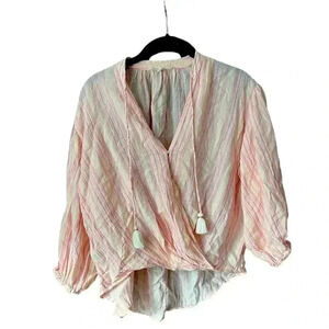 Boho Chic Pastel Striped Wrap Blouse‎ with Tassels Summer Beach Top D11
